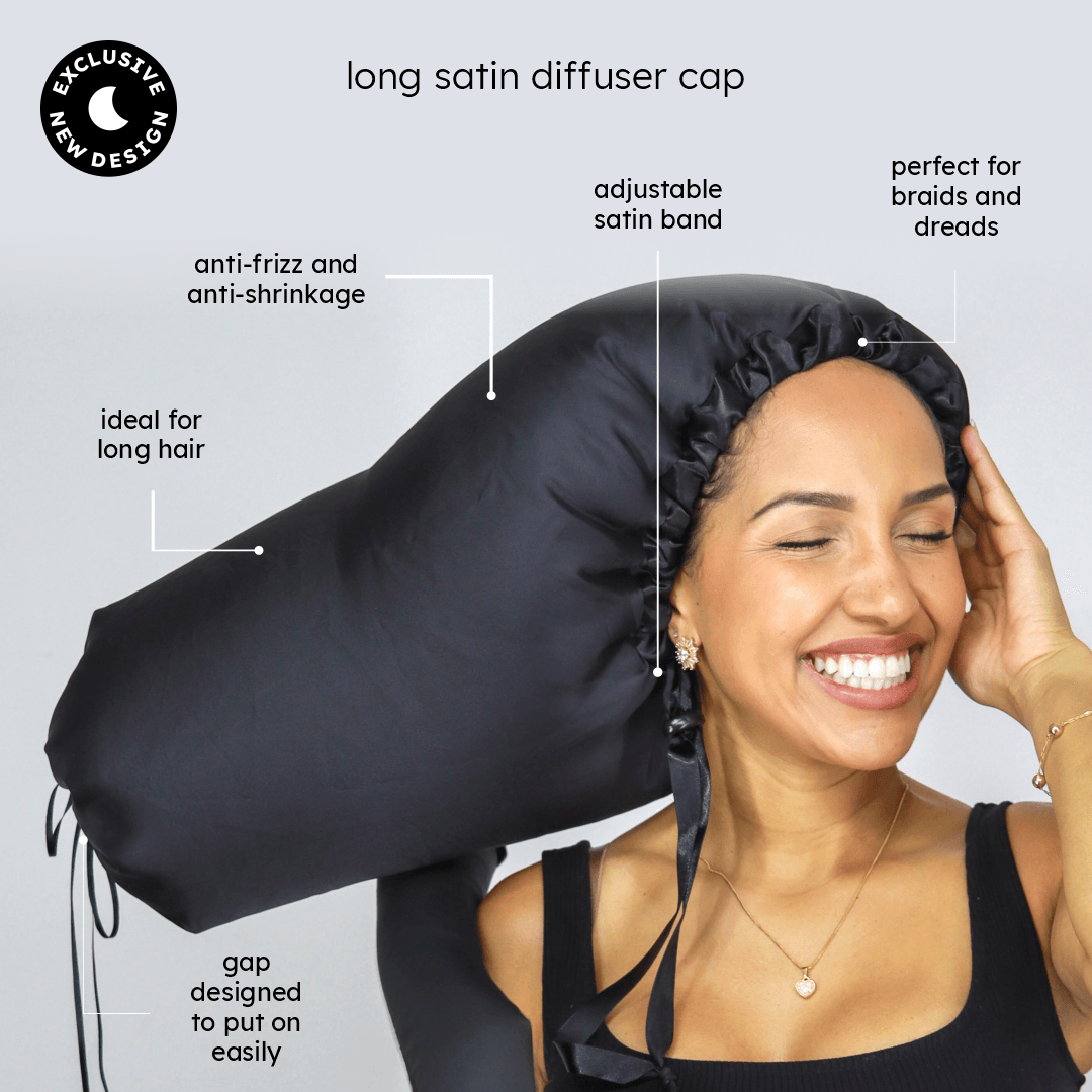 ● Effortless drying for your hair.  ● Bid farewell to shrinkage!  ● Featuring a strategic opening that simplifies the dressing process while preserving your meticulously styled hair.  ● Ideal for braids, box braids, dreads, and anyone seeking to avoid the discomfort of shrinkage caused by the standard sized diffuser caps.