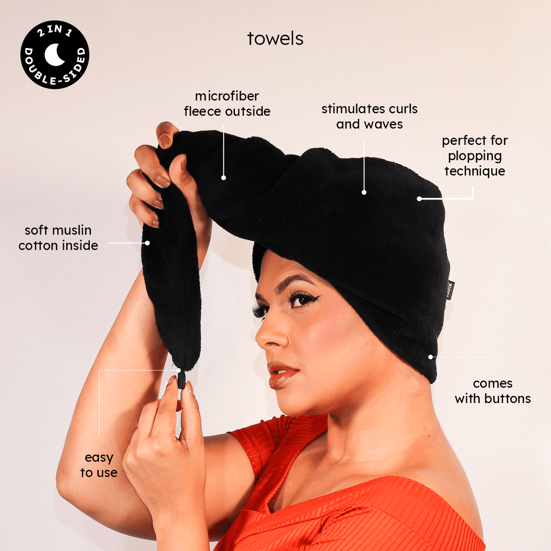 ● Our Smart towel pampers your hair with the care it deserves! It can also be placed over your shoulders to protect your clothes from getting damp or covered in haircare products.  ● Perfect for the plopping technique.  ● Designed with strings and buttons for efficient use.  ● The double layer ensures optimal absorption, removing just the right amount of moisture.