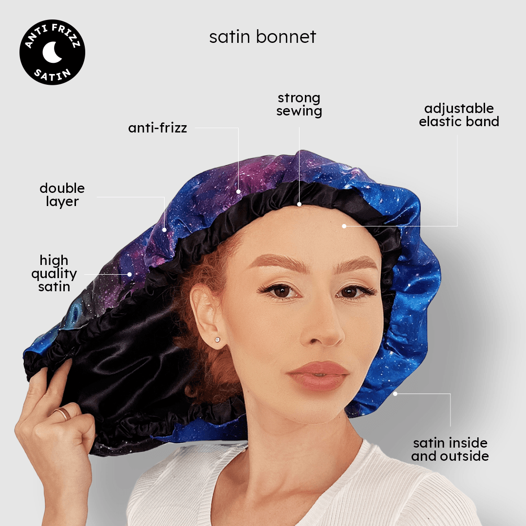 ● Our quality satin ensures up to 90% control over frizz and dryness.  ● Its generous design accommodates even voluminous hair without causing flattening.  ● Featuring a large elastic band, you can effortlessly adjust it to perfection in just three steps.  ● Crafted using interlock stitching, a reinforced machine ideal for high-end sewing and delicate fabrics.  ● Composed of pure 100% polyester, the fabric's blend-free nature allows for recyclability at the end of its lifespan.