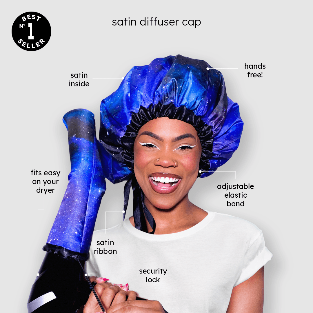 ● Ergonomic and tapered design enables quick and efficient drying, even at warm temperatures and medium speeds.  ● The satin side is positioned inward, in direct contact with the hair, ensuring an Anti-Frizz effect.  ● Features a satin ribbon to prevent air leakage from the sides of the cap.  ● Its hands-free feature allows you to multitask while your hair dries.
